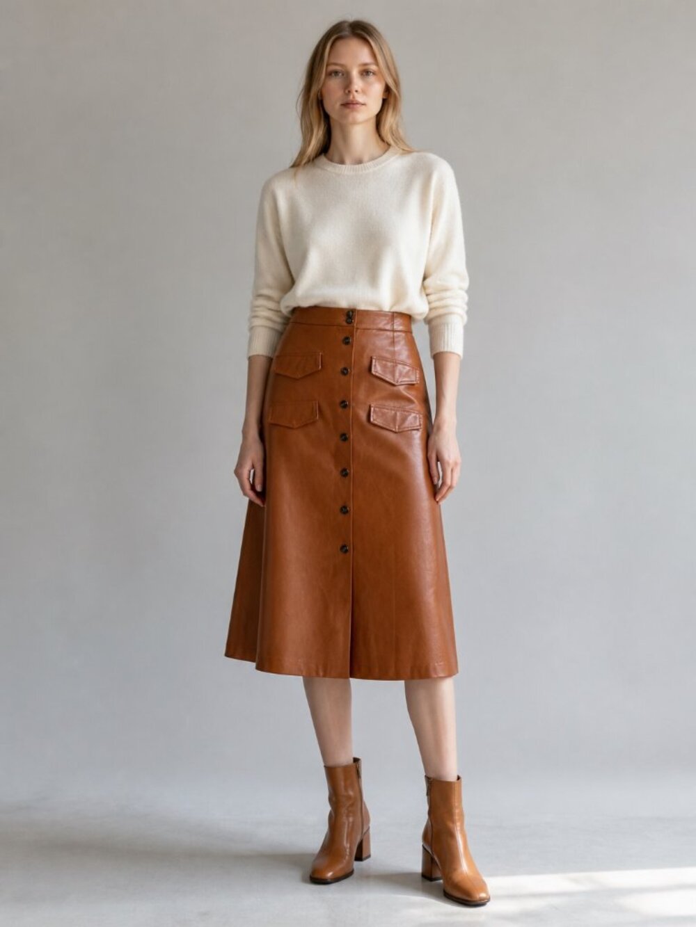Mare Mare x Anthropologie Faux Leather Midi Skirt Women's L Brown NWT